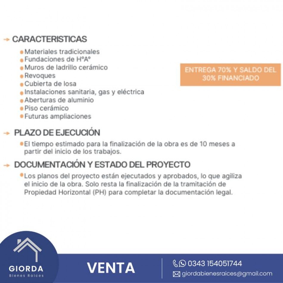 VENDE: Casas en construccion.  Un dormitorio